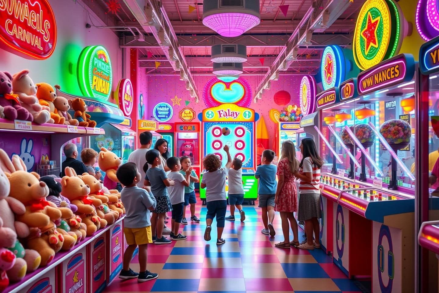 AI generated: A vibrant, colorful indoor arcade filled with bright neon lights, glowing signs, and festive confetti. Children and families are happily playing various arcade and carnival-style g