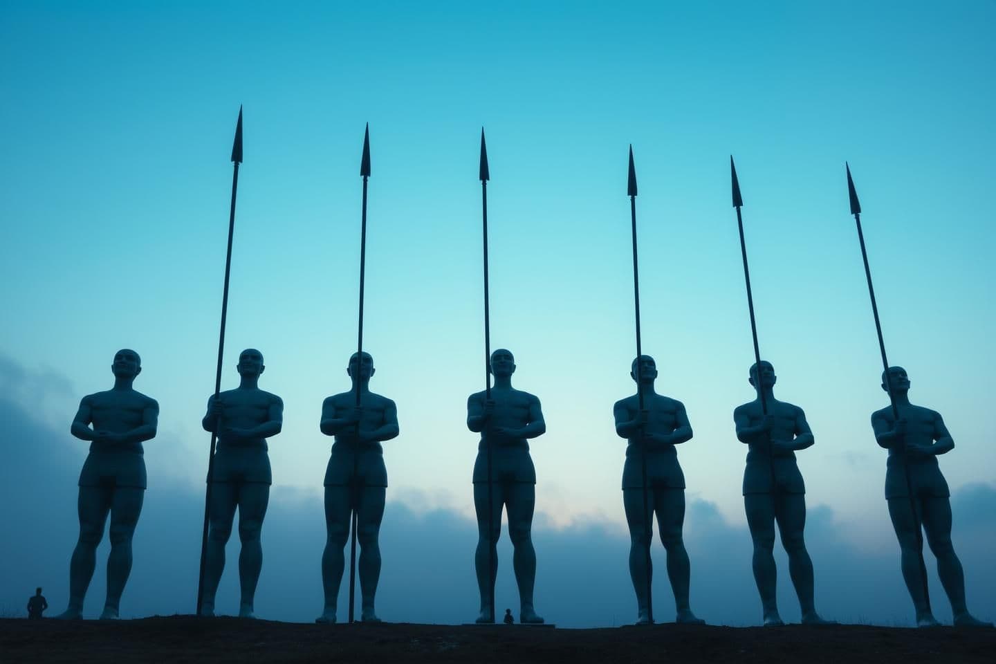 AI generated: Hyper-realistic view of a historical statue in daylight at dusk. Several life-size statues stand upright, their hands clasped behind their backs with spears slightly above the gro