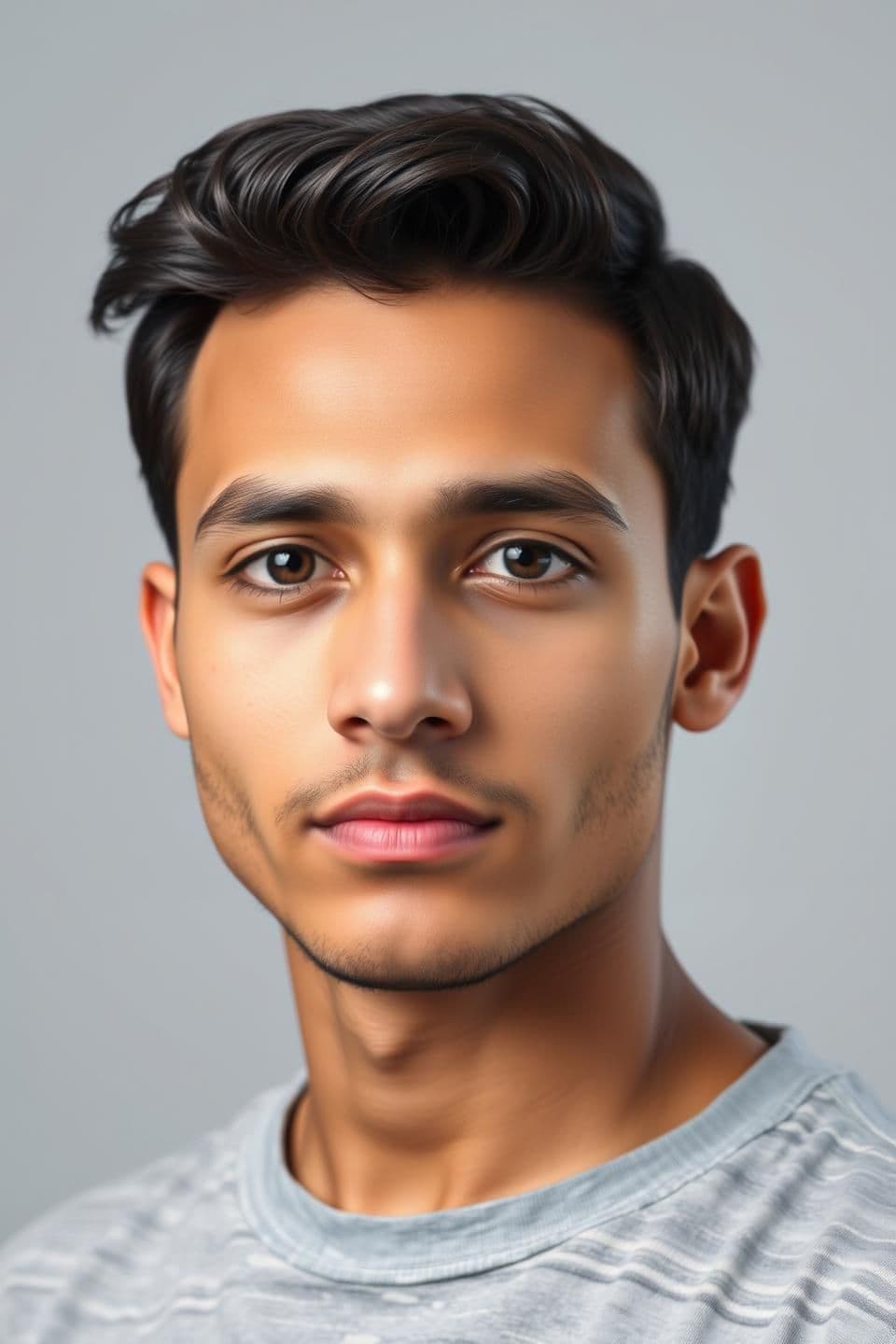 AI generated: “A high-resolution studio-style portrait of a 21-year-old man looking forward. Clean, soft studio lighting, sharp details, and natural skin texture. In the background, create a smo