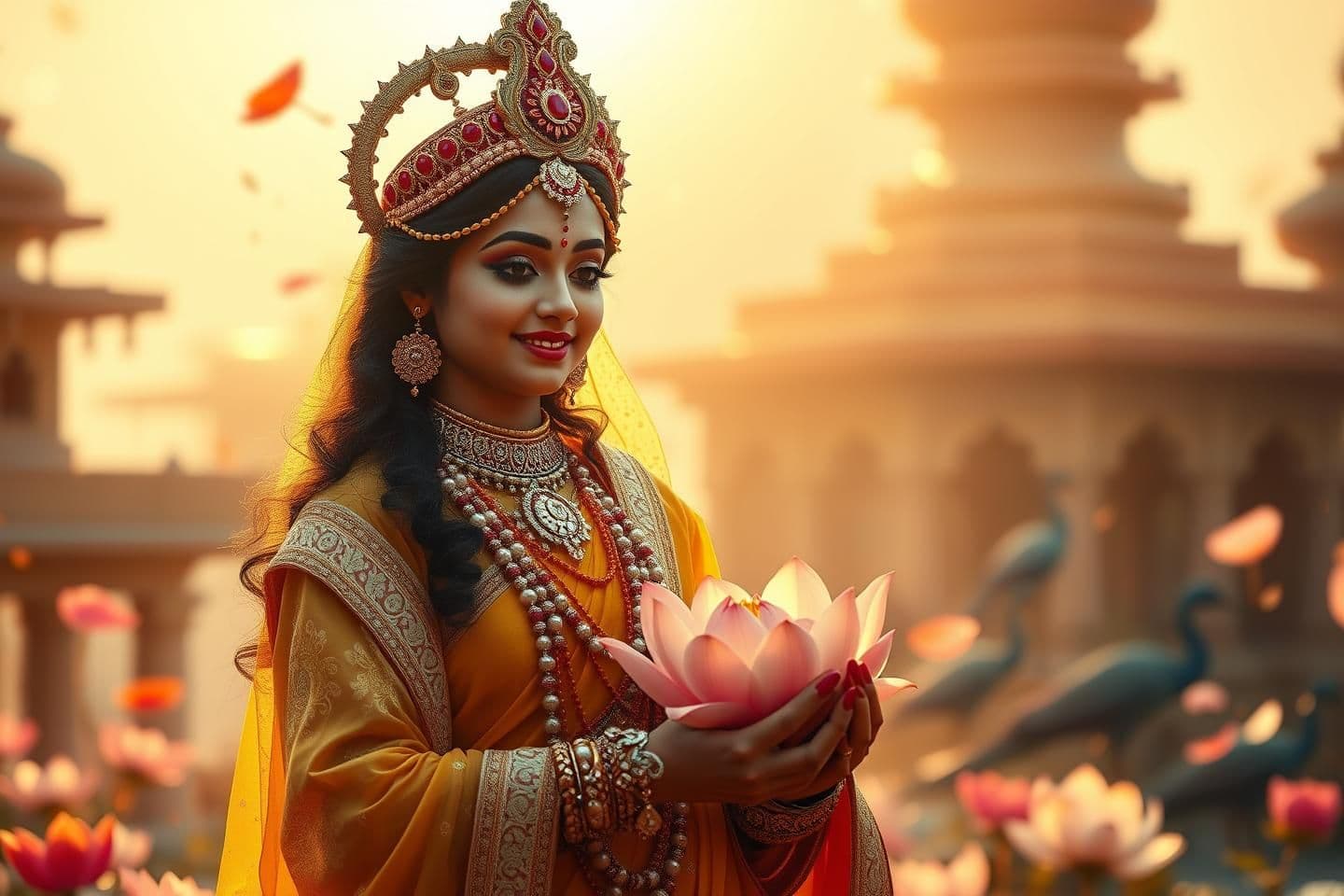 AI generated: A serene devotional cinematic background for 16:9 video editing, Radha Rani standing gracefully, divine glowing aura, soft golden sunrise light, Vrindavan temple background, peacoc