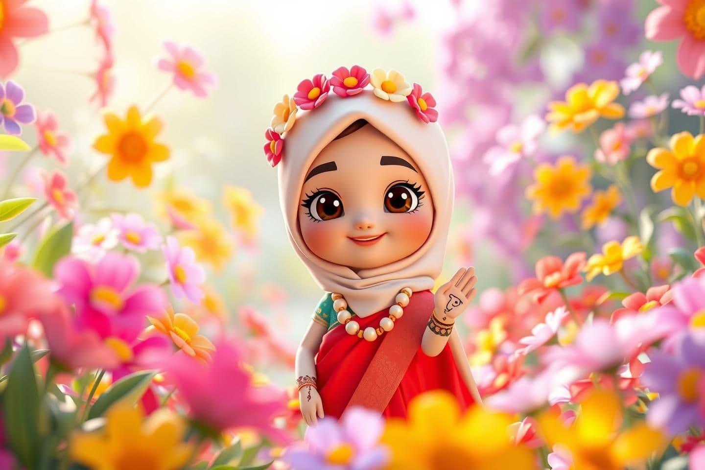AI generated: A beautiful 3D cartoon-style scene in a colorful flower garden. Soft bright lighting, cute animated environment, vibrant flowers all around. In the middle of the garden stands a cu