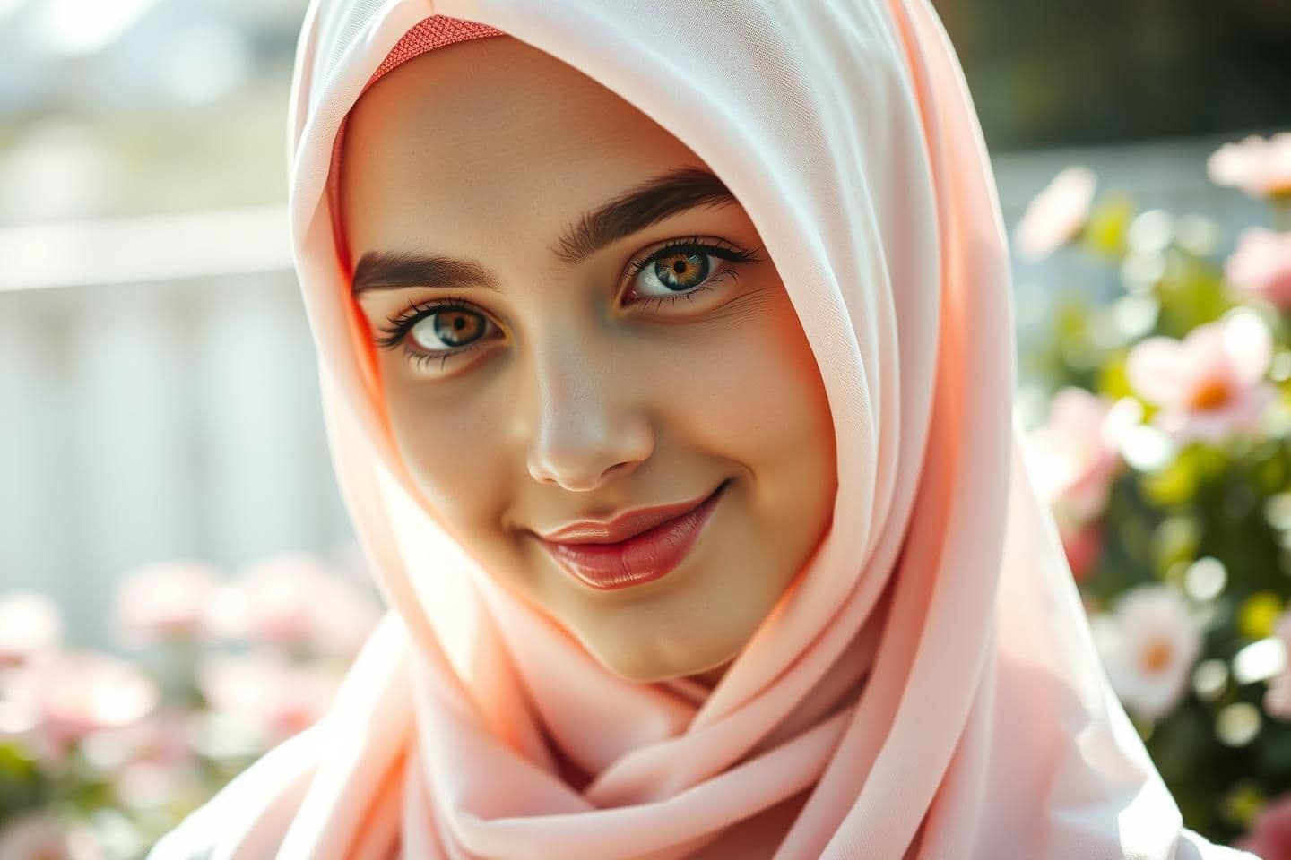 AI generated: Prompt: "Hyper-realistic portrait of a stunningly beautiful Muslim girl wearing a soft pastel pink hijab, detailed hazel eyes, glowing skin, natural makeup, smiling gently, soft su