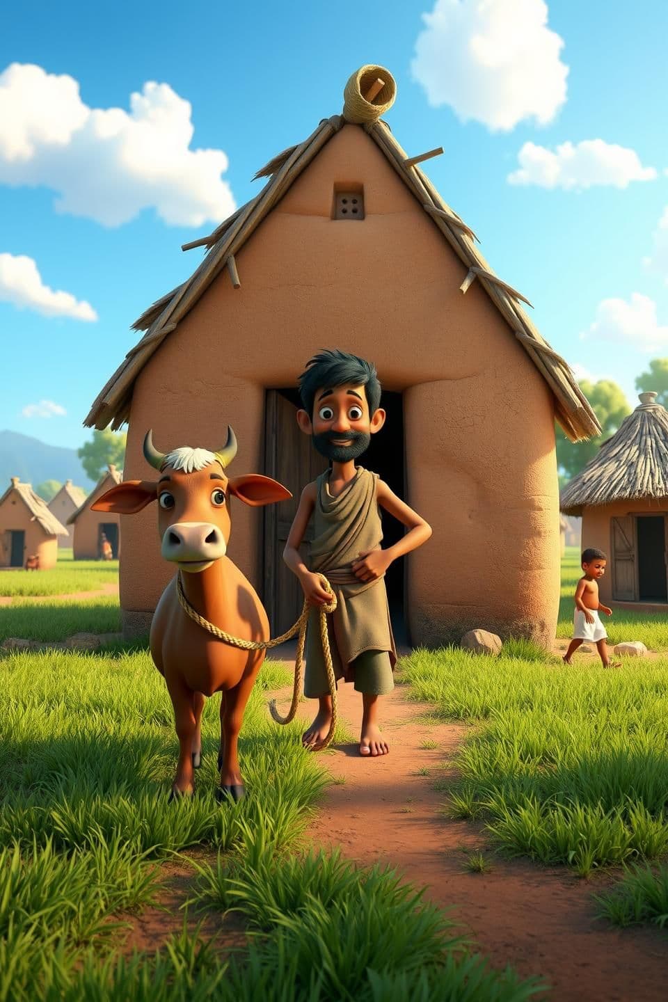 AI generated: Prompt:
A poor Indian farmer standing outside his small clay house in a peaceful village, holding a rope tied to his brown cow. Green fields and small huts around, clear blue sky w