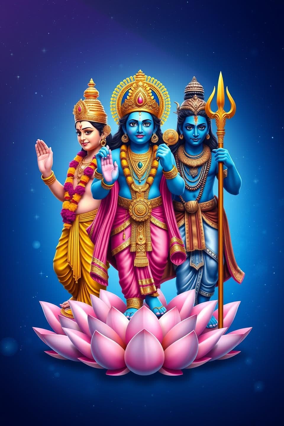 AI generated: Hindu deities Brahma, Vishnu, and Shiva, depicted together against a celestial blue background with stars. Brahma, on the left, has two heads and is adorned with golden attire and