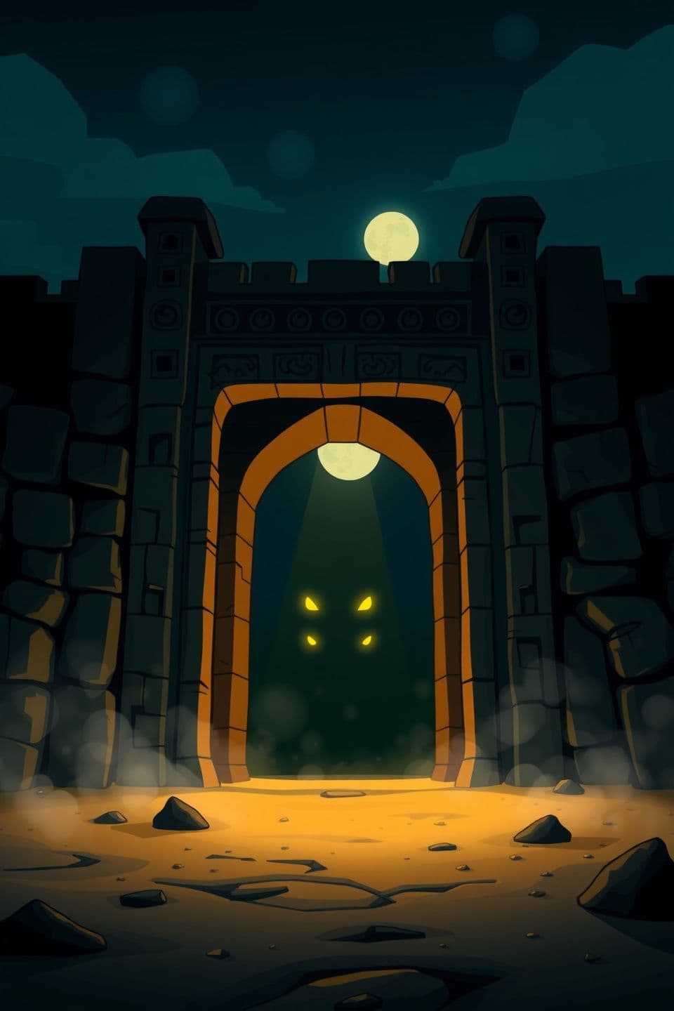 AI generated: A dark cartoon animation style illustration of Bhangarh Fort’s main entrance at night, tall stone gateway with carvings, deep shadows inside the archway, pale moonlight illuminatin