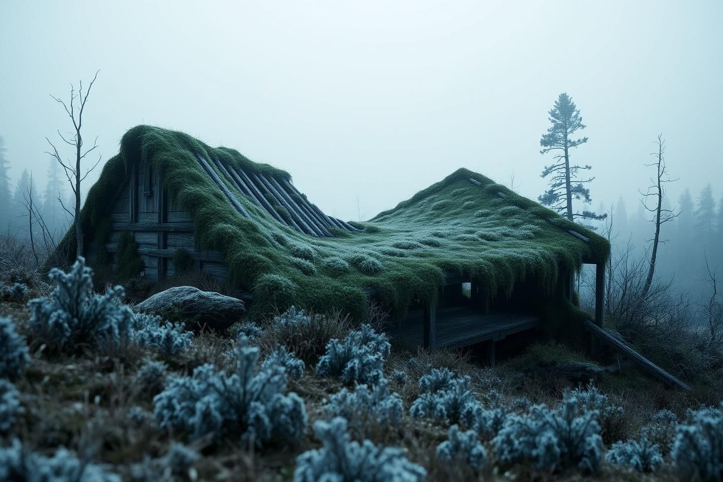 AI generated: A highly stylized 3D render of a remote, overgrown structure half-sunken into northern wilderness, its collapsed roof barely visible under moss and frost, with no characters presen