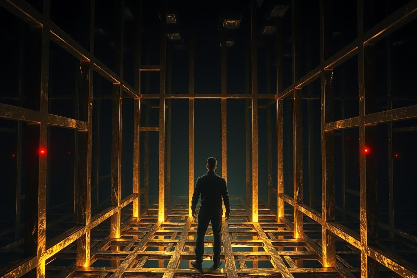 AI generated: A dark, cinematic illustration of a human figure trapped inside a giant maze made of glowing golden bars, intense shadows, dramatic lighting highlighting fear and tension, subtle r