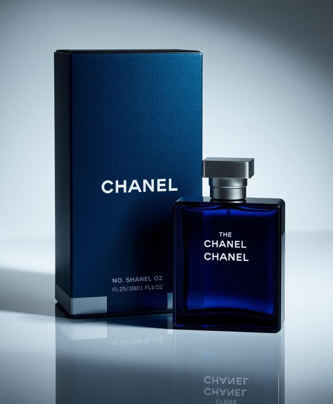 AI generated: Create an original luxury perfume bottle and packaging design inspired by the elegance and depth of midnight blue fragrances. The bottle should be rectangular with clean, sharp edg