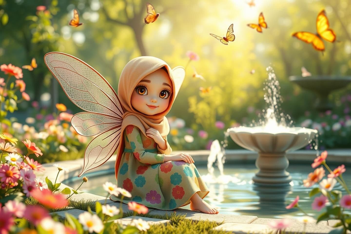 AI generated: IMPORTANT: Generate with all text in BN script only. "A 12-year-old fairy sitting by a fountain in the middle of a flower garden, wearing a colorful dress and hijab, and her eyes l