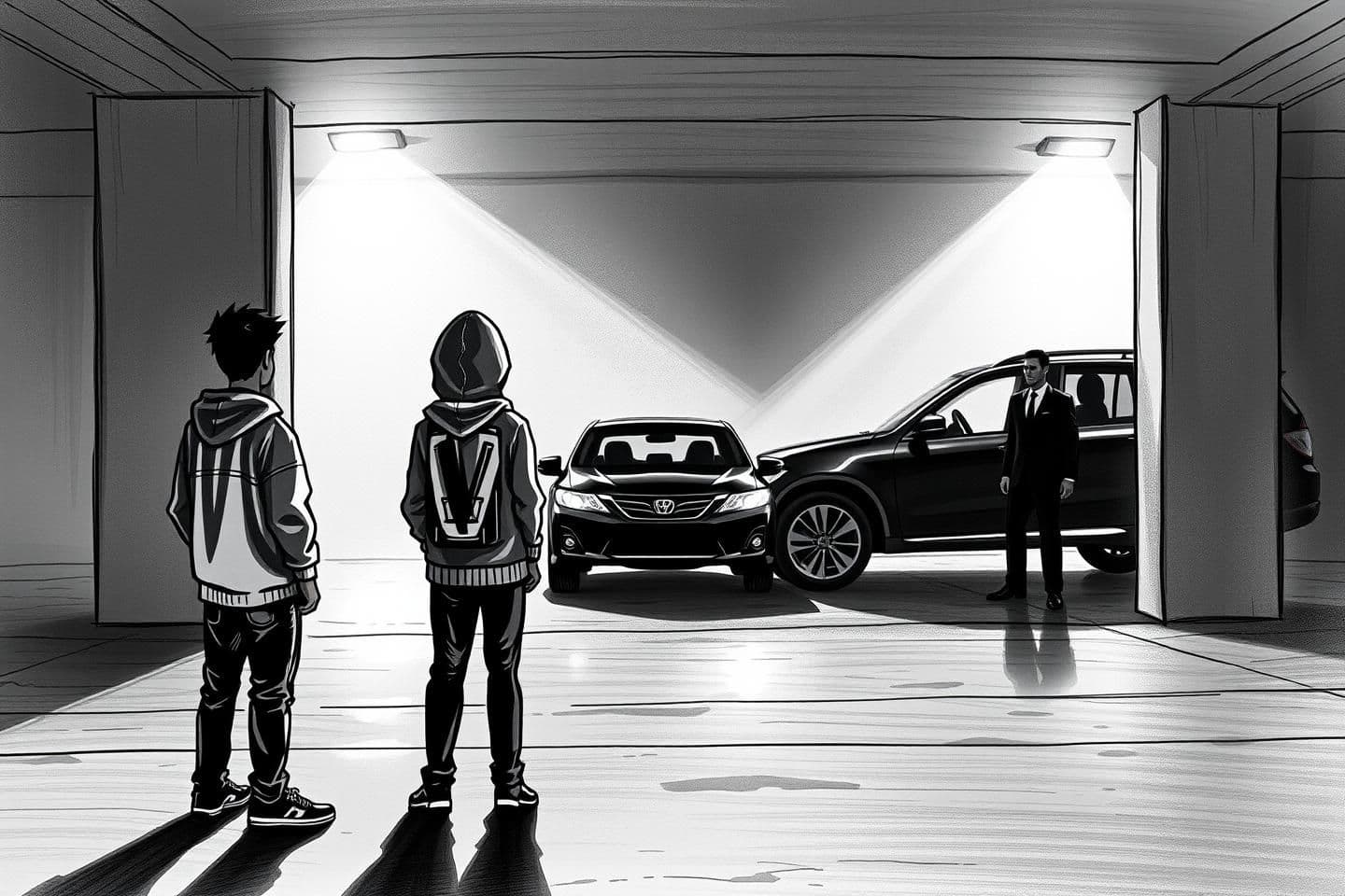 AI generated: "*"Black-and-white sketch set inside a dim, underground parking lot. Three figures—two teen boys with agirl a—stand together in the foreground with their backs turned to the viewer