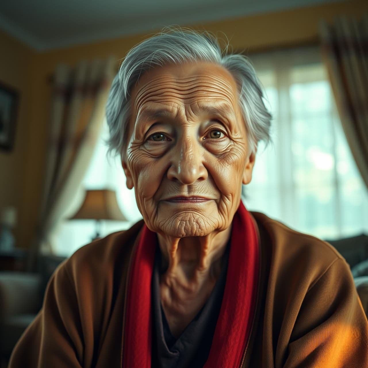 AI generated: A realistic cinematic portrait of an elderly USA grandmother sitting inside a cozy home, facing the camera with a gentle and wise expression. The background shows a warmly lit livi