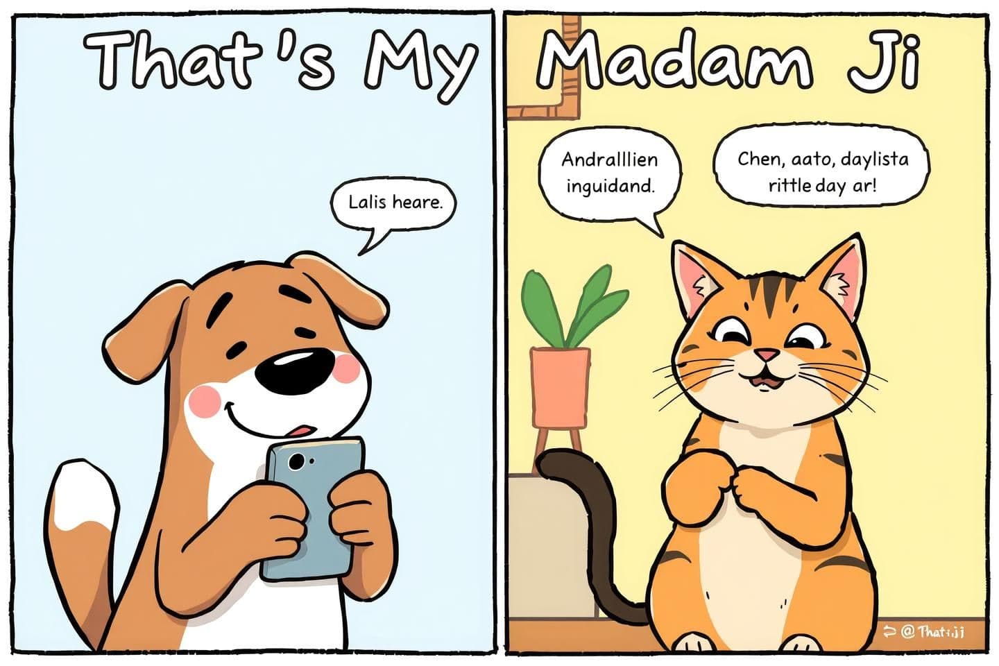 AI generated: 📘 Comic Title:
“That’s My Madam Ji”
---
🎭 Style & Setup:
You (Dog 🐶): Friendly, expressive, a bit mischievous — the funny one starting the conversation.
Madam ji (Cat 🐱):