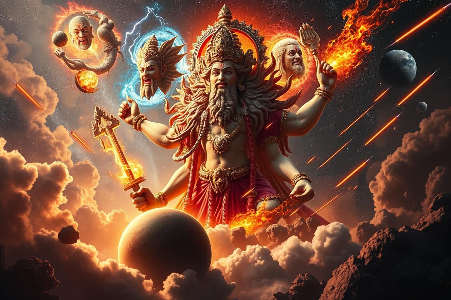 AI generated: Hyper-realistic cosmic Panchmukhi Rudra Hanuman towering above planets.
Five faces unleashing divine rage, cosmic storms swirling around each head.
Earth, fire, lightning, wind