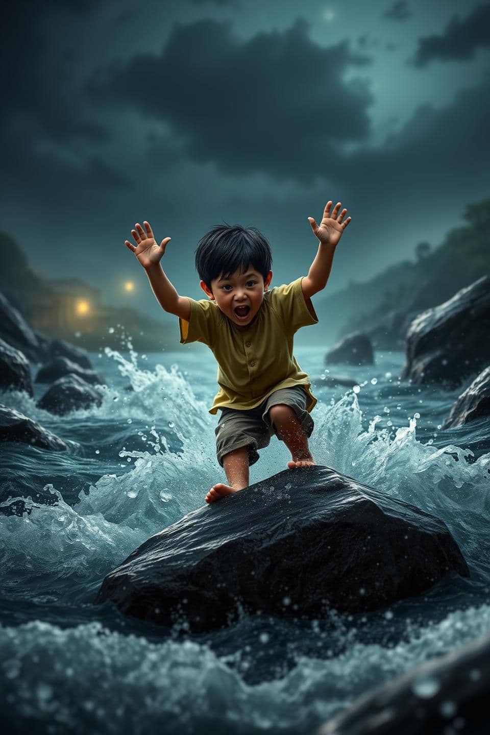 AI generated: A small 6–8-year-old village boy with wet black hair, simple beige shirt and half pants, slips on a wet rock and falls into the fast-flowing dark river. His arms flail in panic as
