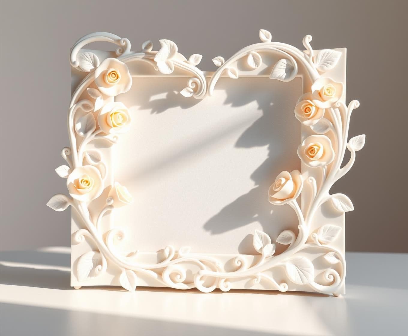 AI generated: Heart A beautiful 3D printed photo frame with flowing organic vines and delicate roses, art nouveau style, seamless continuous design, matte white PLA material, sophisticated and e