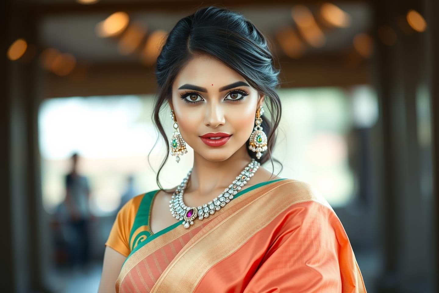 AI generated: “Ultra-realistic attractive Indian woman in a stylishly draped saree, smooth glowing skin, expressive eyes, glossy lips, elegant jewelry, confident pose, naturally fuller curves (t