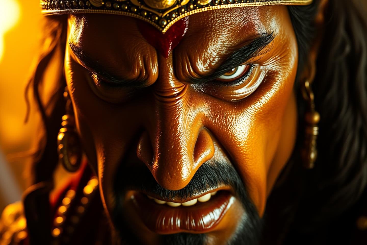 AI generated: “Ultra HD 8K hyperrealistic cinematic close-up of Duryodhana: bronze-golden skin, strong sharp jawline tightening in anger, nostrils flaring subtly, eyes narrowing with deep jealou