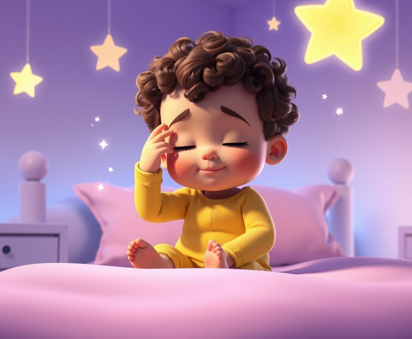 AI generated: 3D Pixar-style scene of a cute toddler with curly hair and star-printed yellow nightwear sitting sleepily on a soft pastel-colored bed. The room glows in gentle purple-blue dreamy