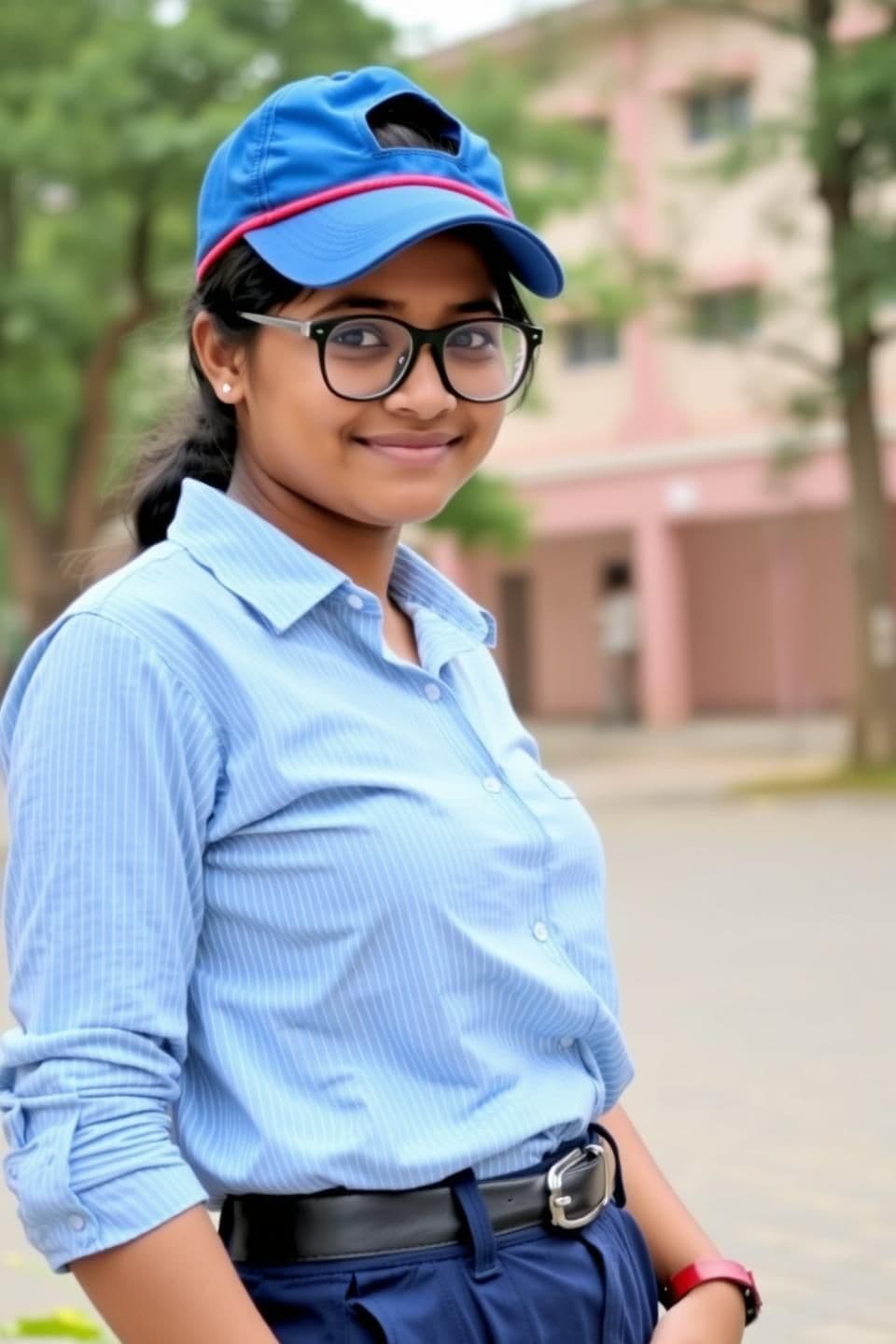AI generated: A young woman, likely in her early eighteens , of Indian descent, is positioned slightly off-center in the frame, facing the viewer with a subtle smile. She wears a blue and red ba