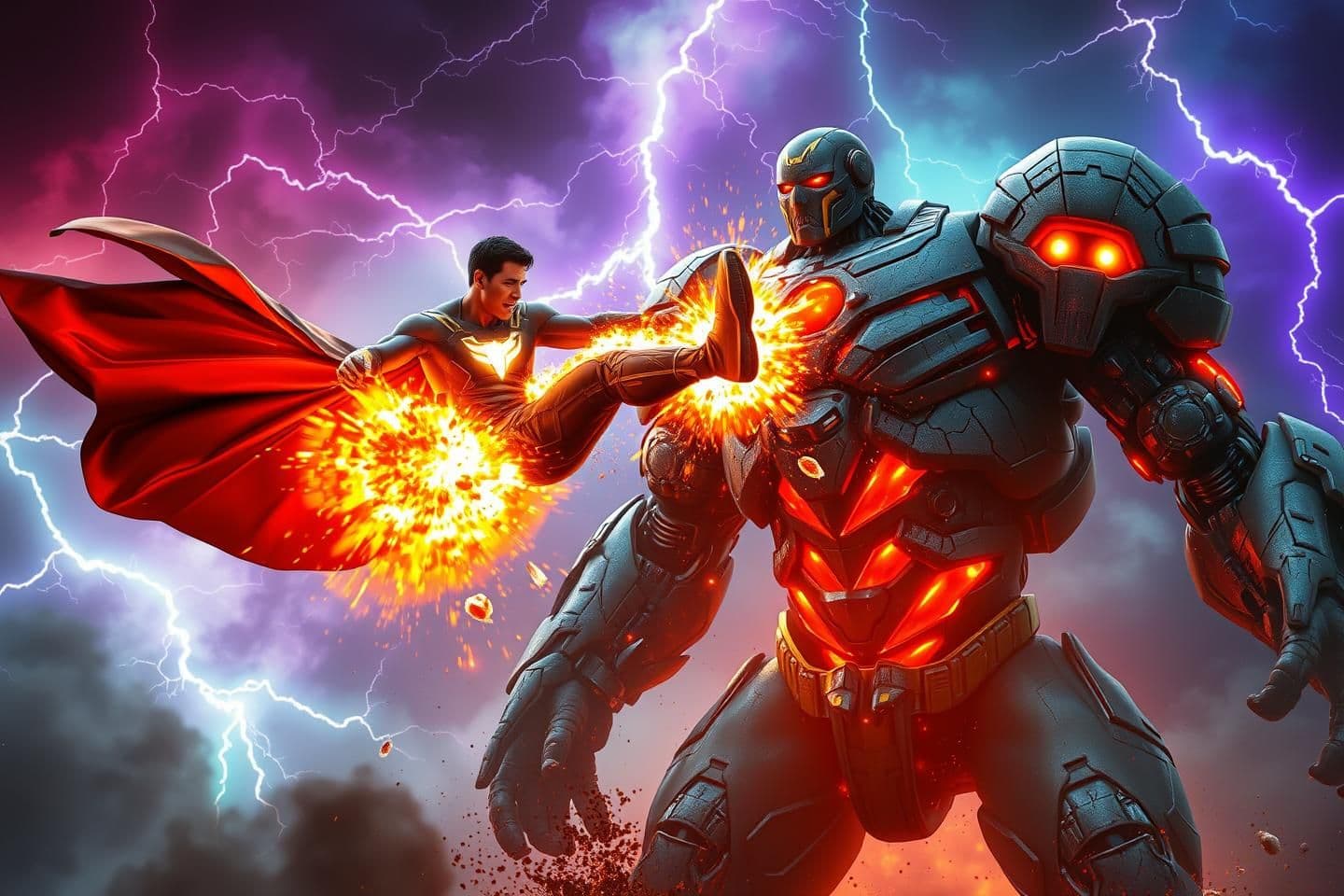 AI generated: "A hyper-realistic, ultra-cinematic battle scene of a powerful superhero delivering a flying kick to a massive armored robotic enemy.
Explosive contact point glowing with bright or