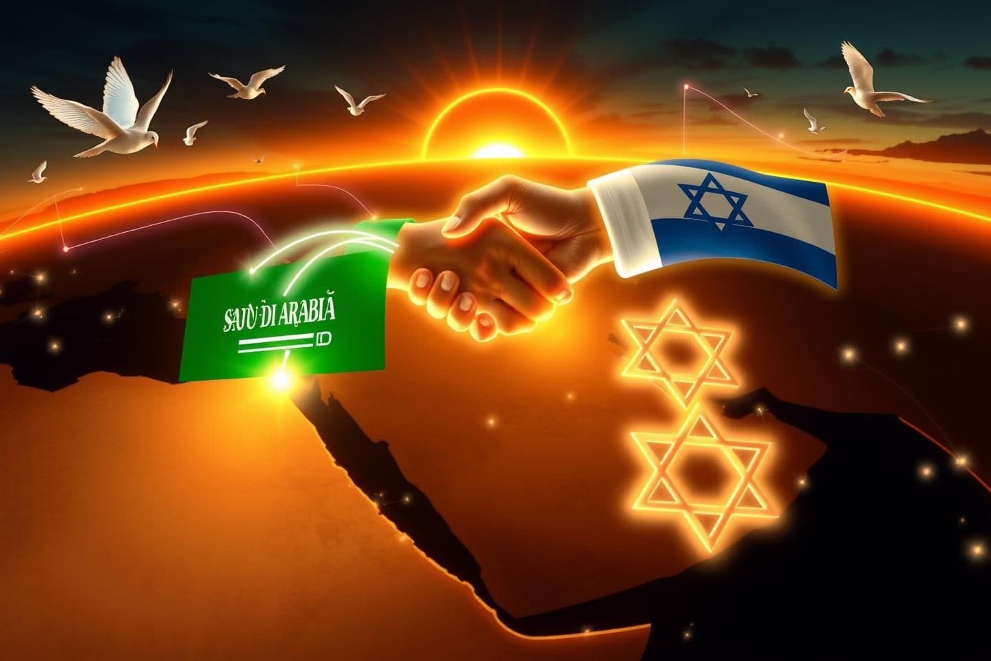 AI generated: “A dramatic geopolitical illustration showing Middle East countries connected by glowing diplomatic lines, highlighting Saudi Arabia, Israel, and the United States. A symbolic hand