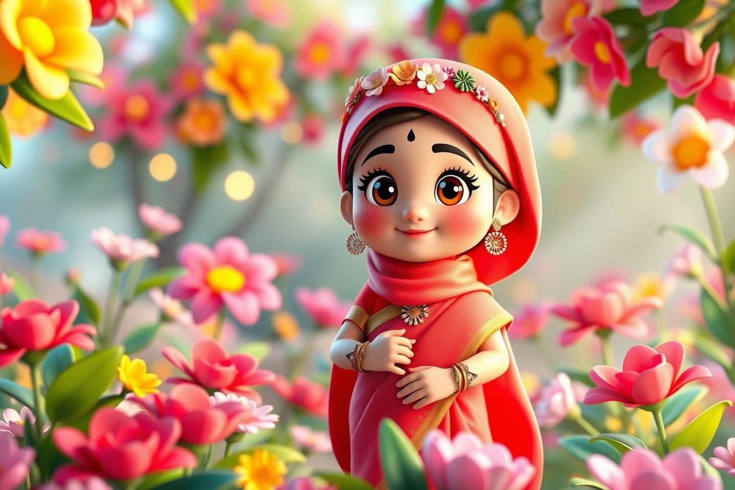 AI generated: A super cute 3D cartoon-style scene set in a colorful flower garden. Bright soft lighting, glowing flowers, gentle breeze, and a magical cartoon environment. In the middle stands a