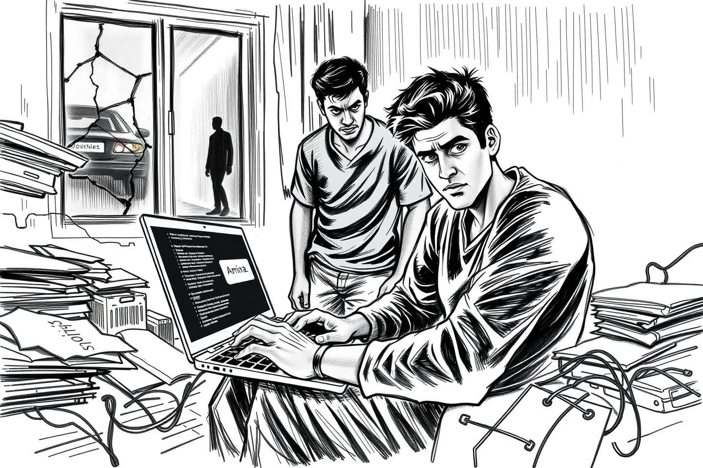 AI generated: "A t*"Black-and-white sketch of a dimly lit room illuminated only by a laptop screen. Two young men are in focus: one seated at the keyboard (Ashwin), face sharply defined by the l