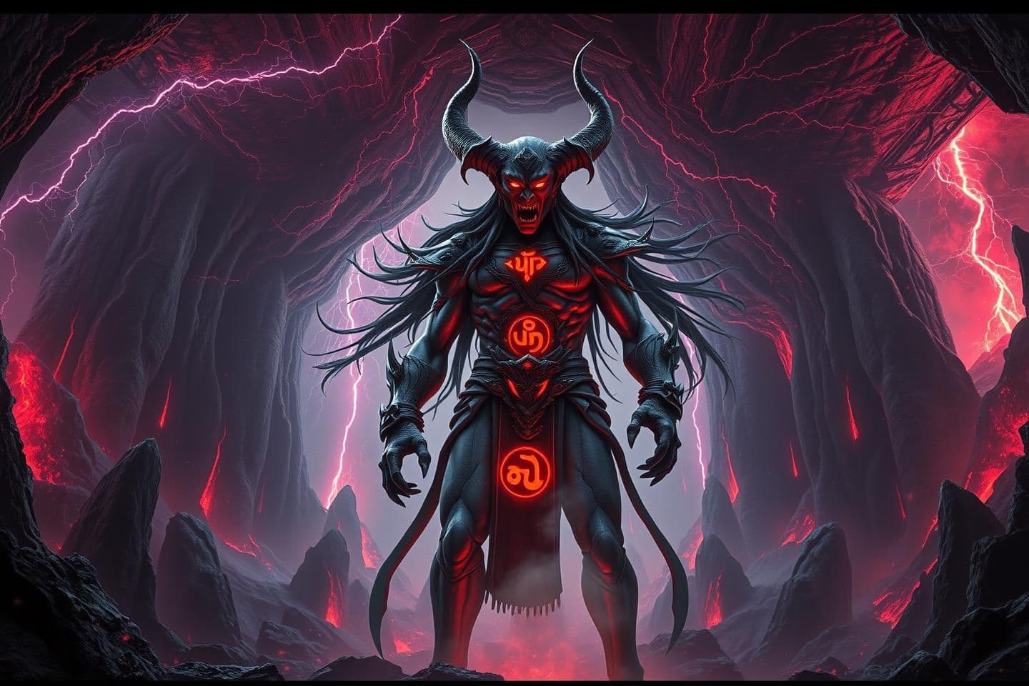 AI generated: Hyper-Unreal 8K cinematic mythological scene, Asura Kritrim standing dominantly in the depths of Patal-lok, massive cavernous underground landscape with jagged black stone pillars