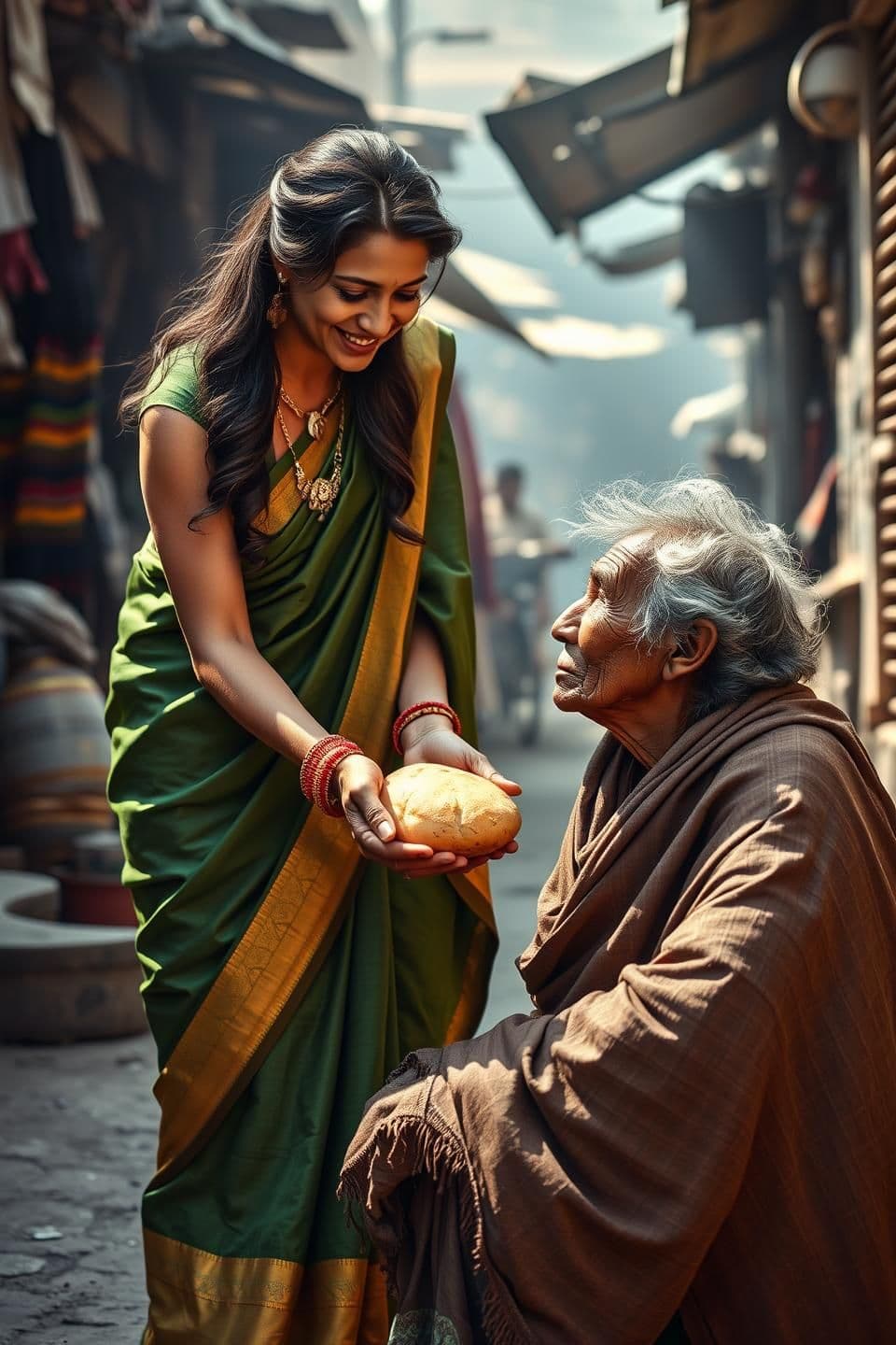 AI generated: Ultra-realistic Indian street scene, bright morning light, a young Indian woman wearing a beautiful green silk saree with golden border, elegant jewelry, soft wavy hair, warm smile