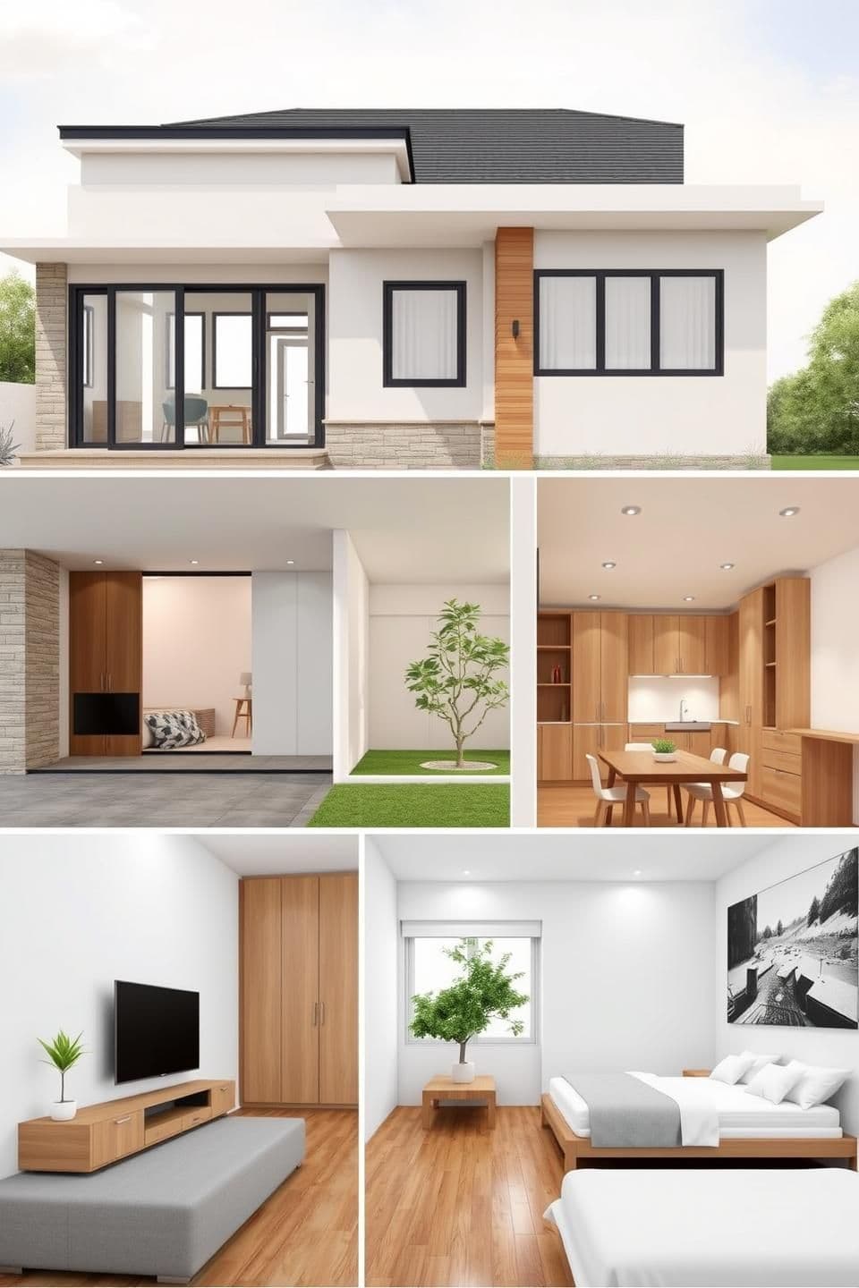AI generated: 1. Front Exterior View
"3D rendering of a modern, compact 3-bedroom north-facing house on a 3-cent plot. Show the front façade with a small porch, sliding glass doors and windows,