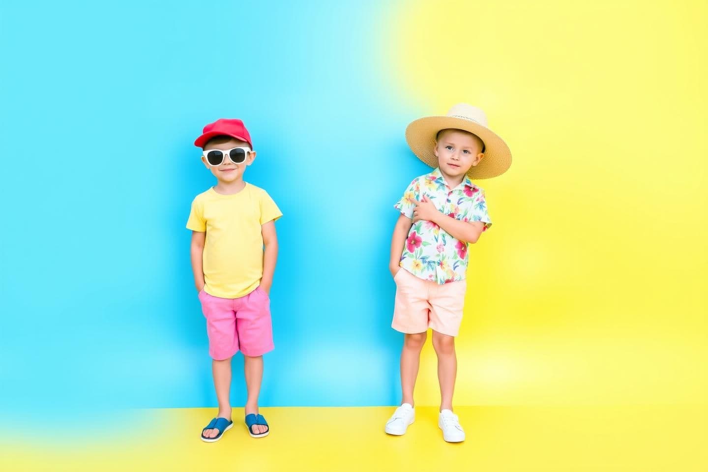 AI generated: "Two children stand side by side, dressed in bright summer clothes, against a vibrant two-toned background of blue and yellow. The child on the left wears a yellow t-shirt, pink sh