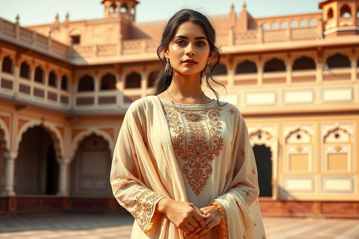 AI generated: “A highly realistic image of a modern Indian female model wearing a traditional designer suit inspired by brands like Biba, Libas, and FabIndia. The outfit features elegant embroid