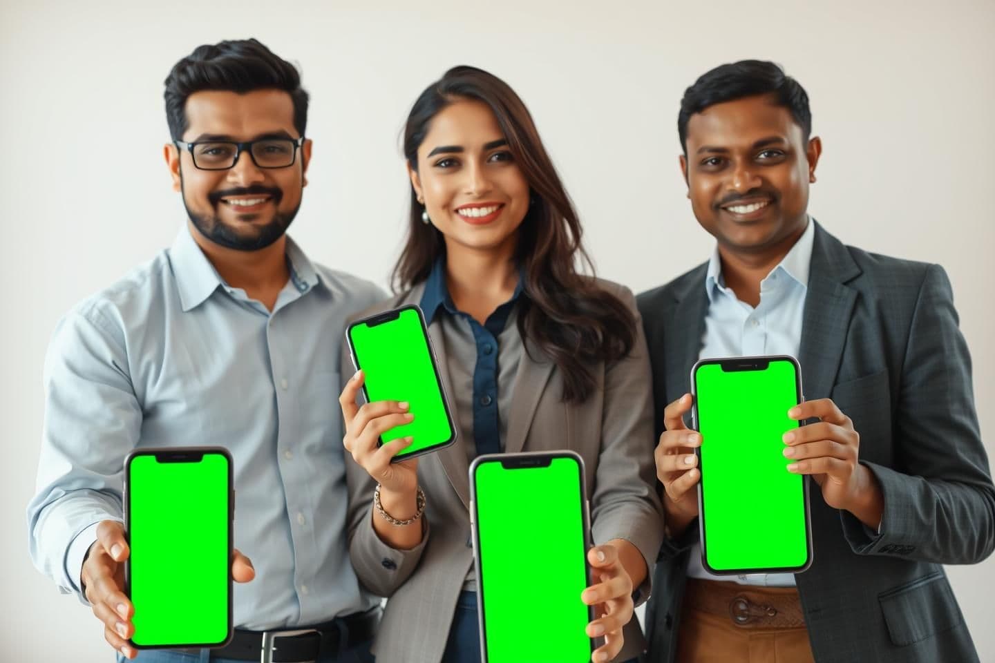 AI generated: A professional promotional scene showing 2 to 3 office employees (male and female), standing together and smiling confidently. Each person is holding a smartphone in their hand, sl