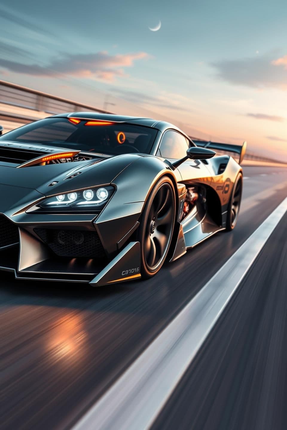 AI generated: Create a hyper-realistic futuristic supercar with extreme mechanical detailing, exposed tech layers, aerodynamic sculpted bodywork, and an aggressive low stance. The design should