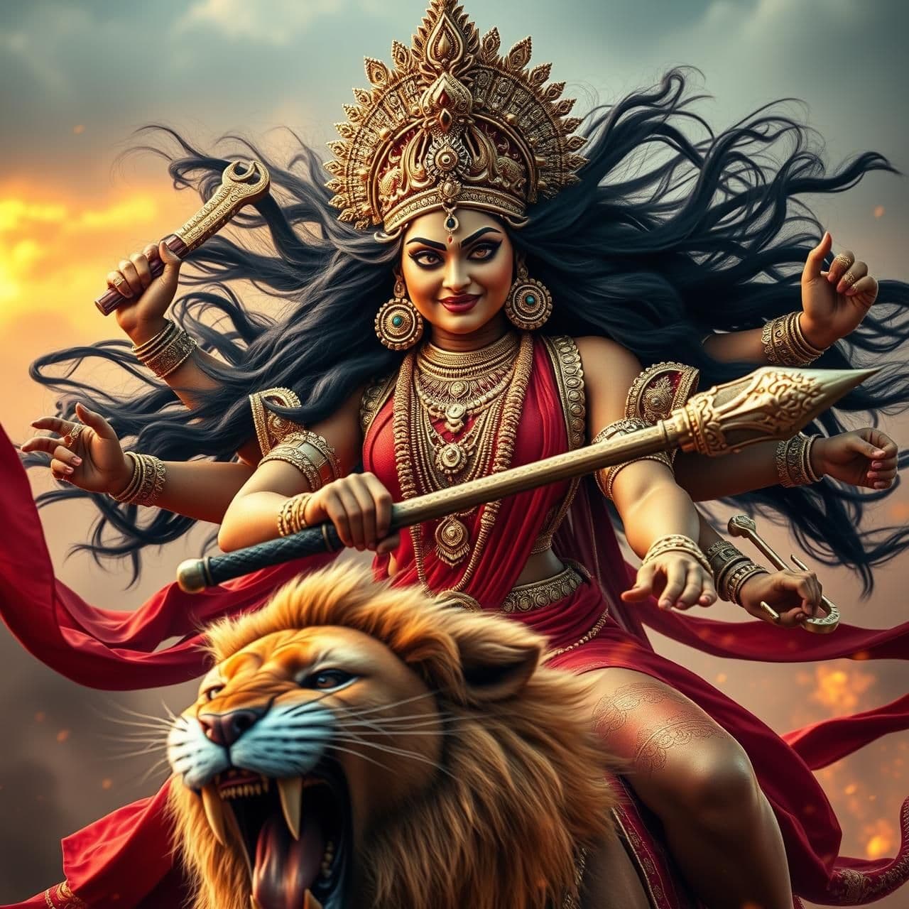 AI generated: Maa Durga as Mahishasura Mardini, ultra-realistic divine warrior form, 4K Ultra HD, extremely lifelike human appearance, fierce and powerful expression with blazing eyes, glowing n