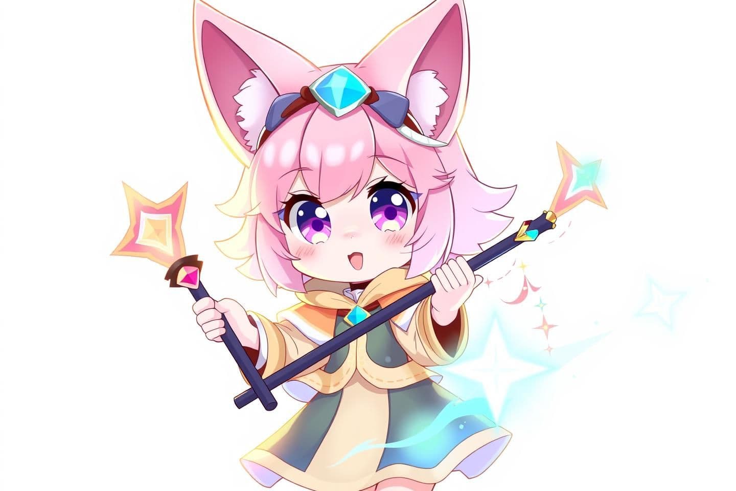 AI generated: “2D anime-style illustration of a cute magical fox-girl inspired by Nana from MLBB, with fluffy pink hair, large expressive eyes, and playful energy. She wears a fantasy mage outfi