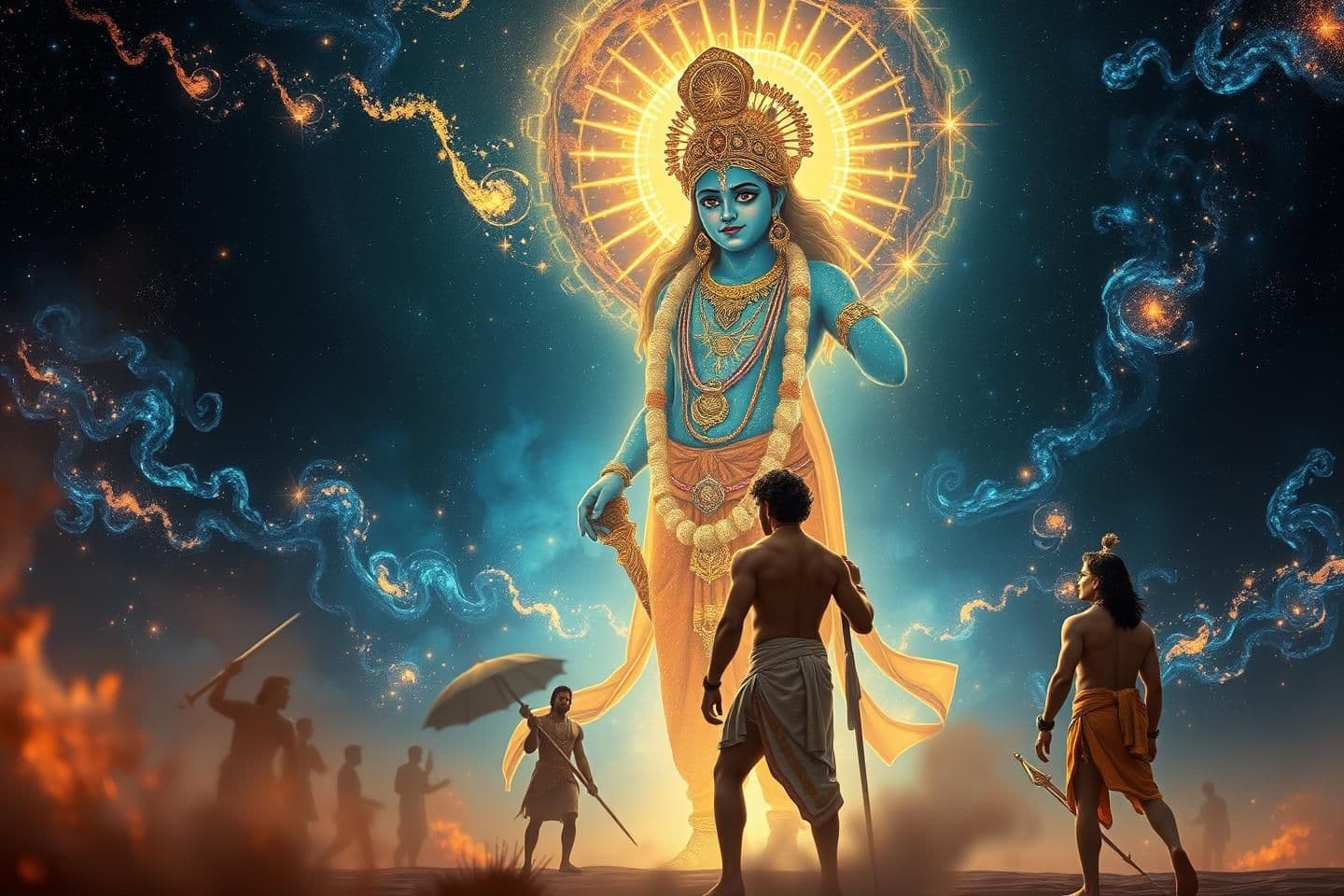 AI generated: /journey A divine and majestic scene where Lord Krishna reveals his deep cosmic divine form before a fully surprised Arjuna on the battlefield of Kurukshetra. Lord Krishna stands ,