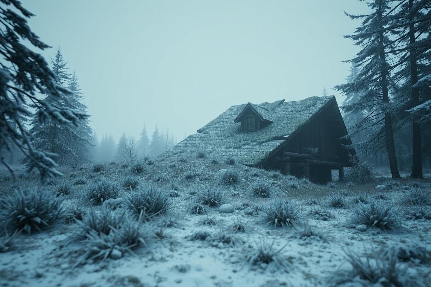 AI generated: A highly stylized 3D render of a remote, overgrown structure half-sunken into northern wilderness, its collapsed roof barely visible under moss and frost, with no characters presen
