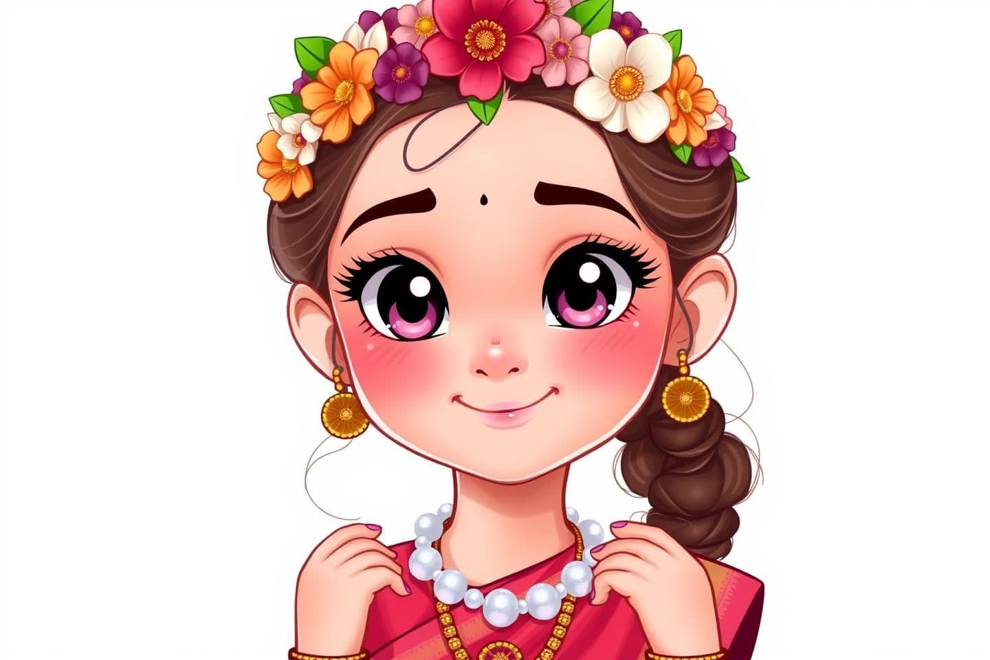 AI generated: A beautiful 10-year-old girl character, no background — pure white or transparent background. She has big, shiny eyes with thick black kajal, soft pink eyeshadow above the eyes, an