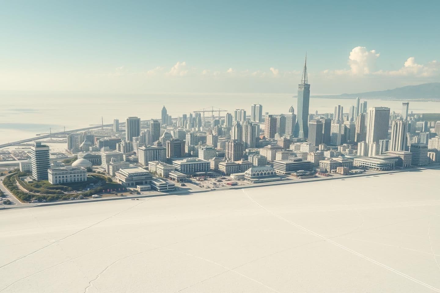 AI generated: Make an image of a massive city in a vast salt flat. This city should have modern buildings with slight hints of traditional Japanese architecture. Make sure it is lively and has a