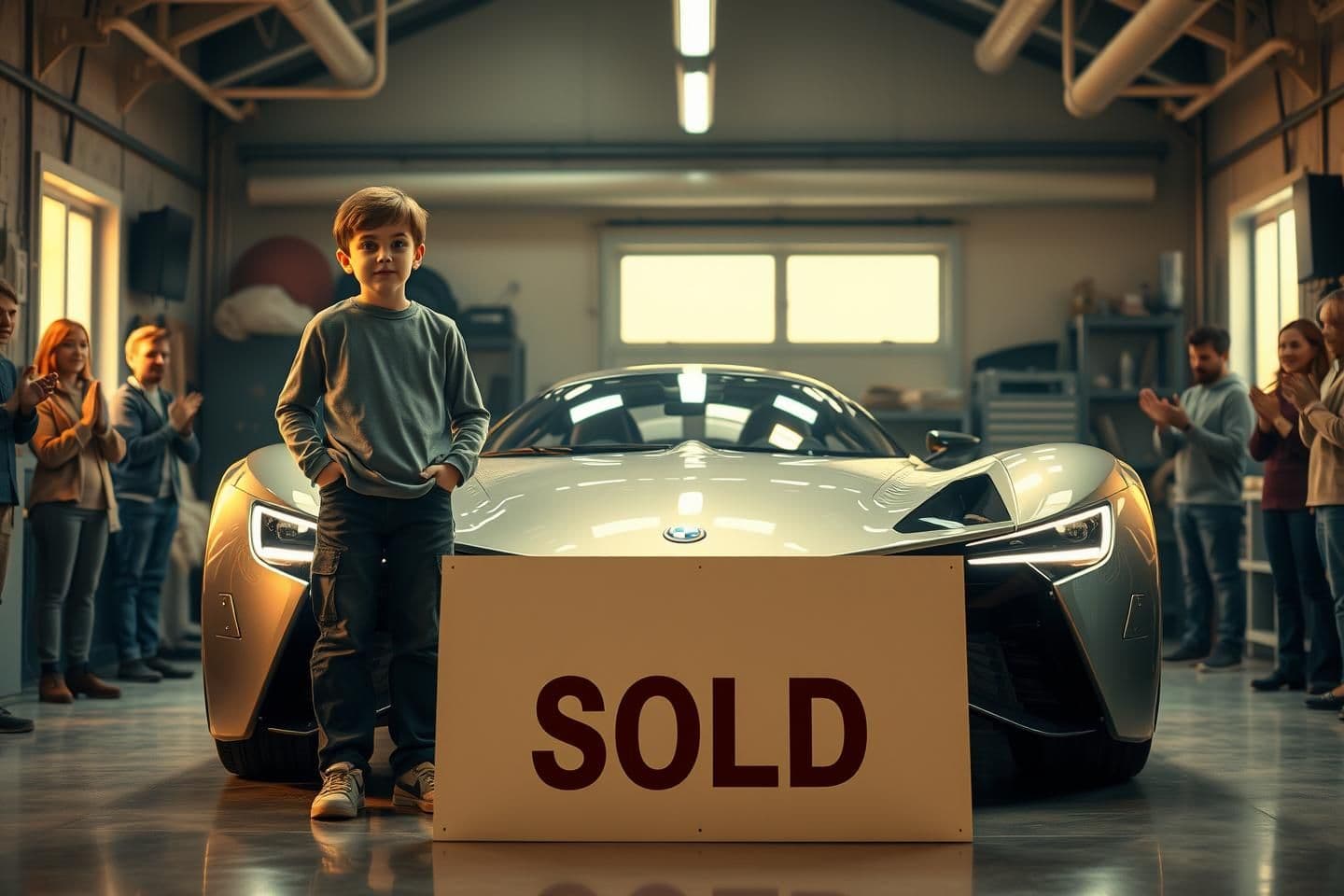 AI generated: “Grown-up version of the boy, now confident and successful, standing proudly beside his newly-built futuristic car in a small but clean workshop. A big ‘SOLD’ board is placed in fr