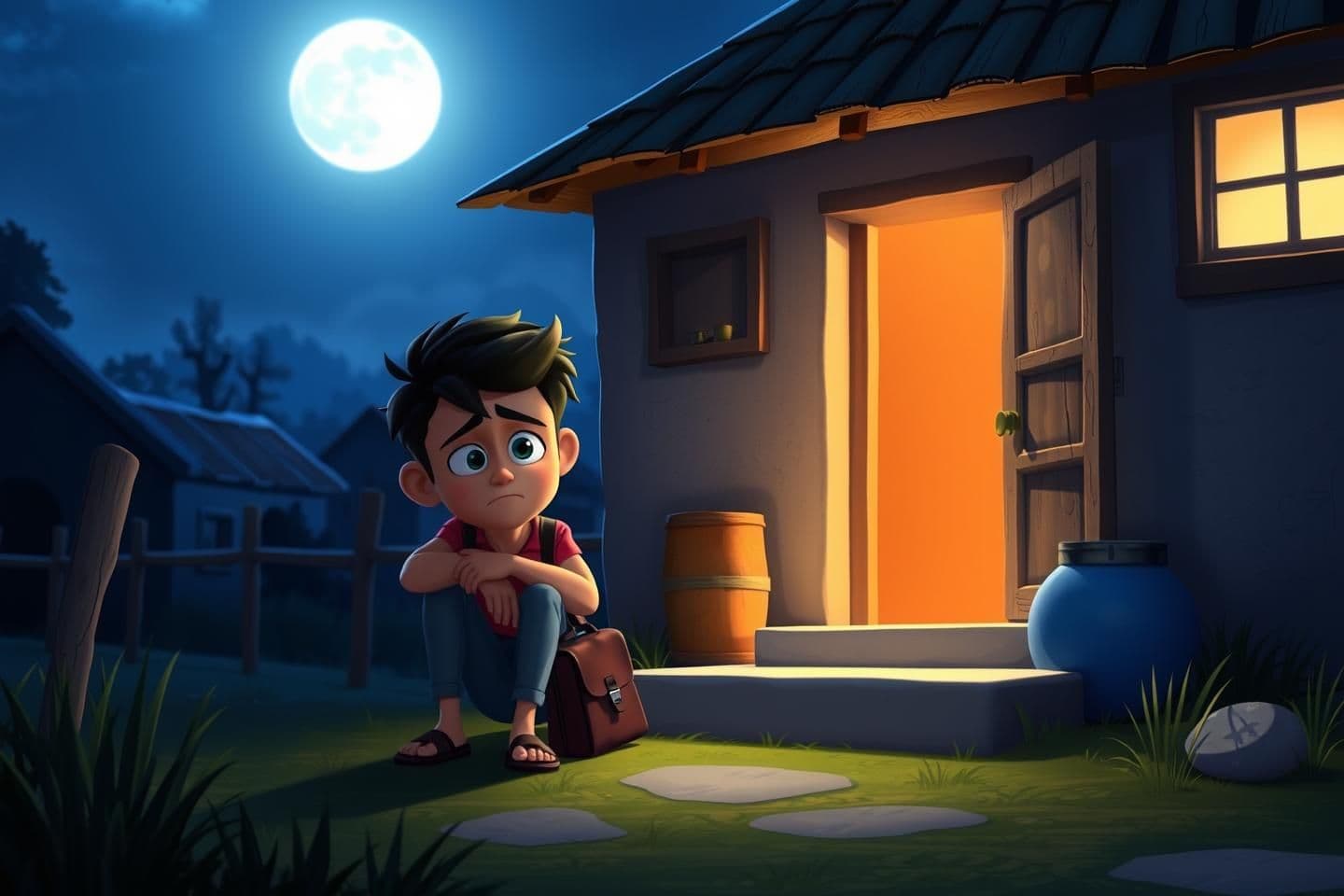 AI generated: 3D cartoonish rural night scene with Neel sitting sadly outside the house, holding his school bag. Arya sits beside him with a comforting hand on his shoulder, both under moonlight