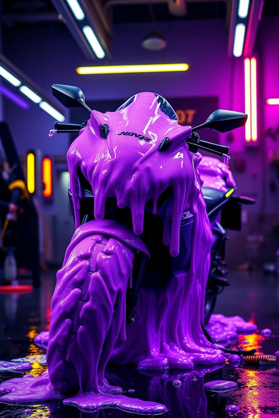 AI generated: "A hyper-realistic, high-contrast vertical banner image (9:16 aspect ratio) for a motorcycle service center promotion. The focus is a modern sport-bike or premium commuter bike com