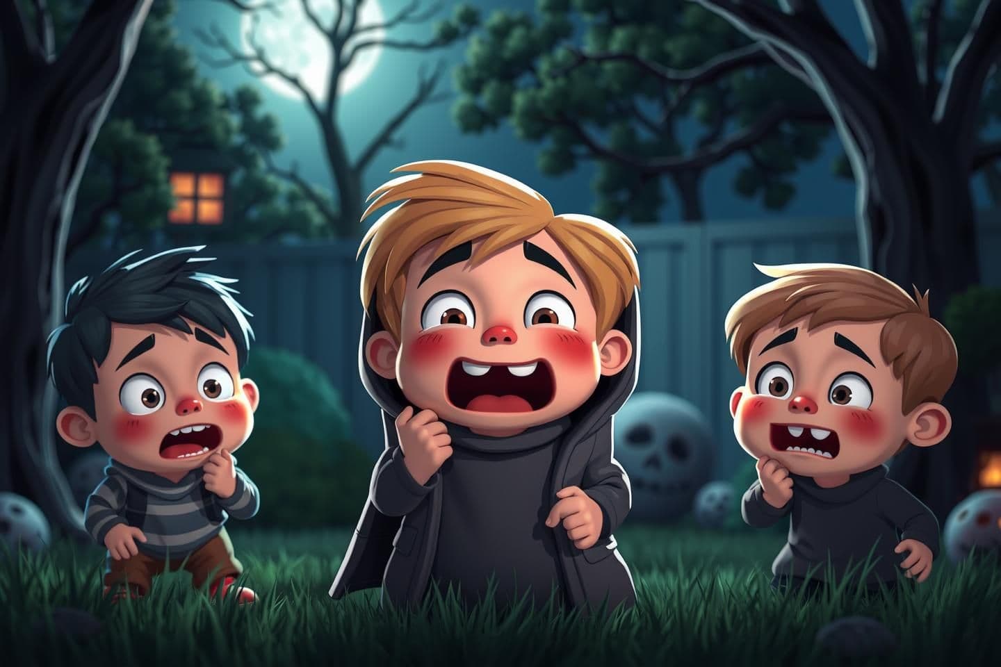 AI generated: Three kids playing hide and seek at night in a funny horror scene, traditional cartoon style with 3D look, each kid with a different unique face and expression, one scared, one lau
