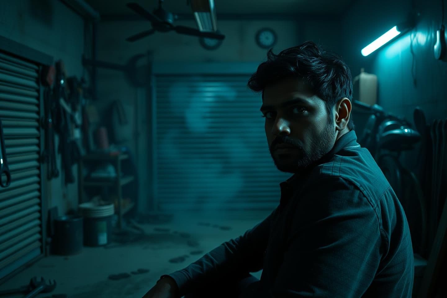 AI generated: Ultra-realistic 16:9 cinematic frame showing an Indian man sitting alone in a dim, eerie garage workshop at night. He is slightly turned toward the camera, as if telling a horror s
