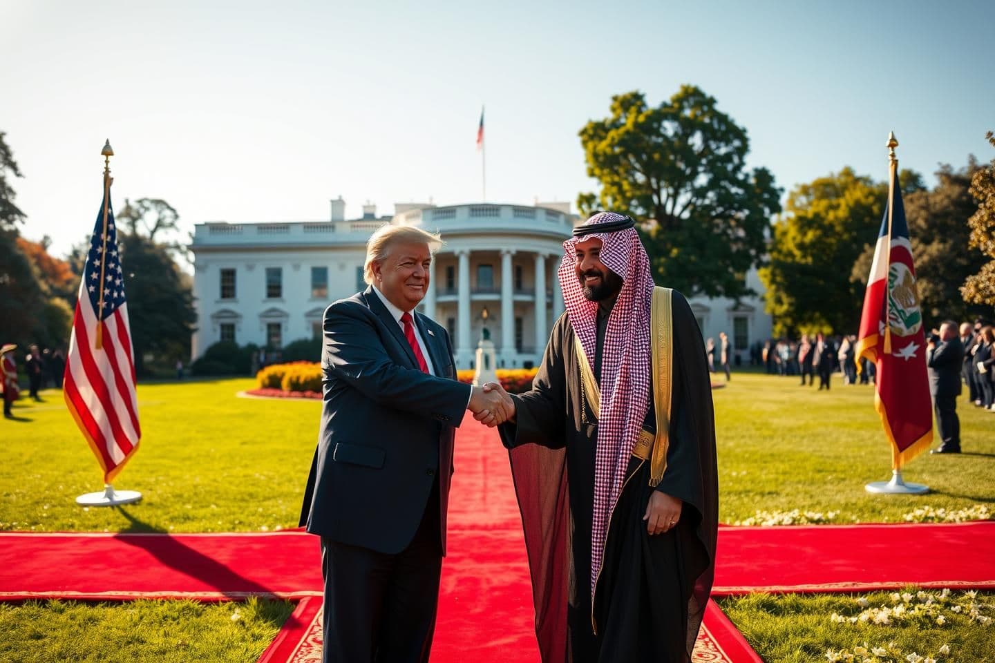 AI generated: “A grand welcome scene at the White House lawn. Former U.S. President Donald Trump smiling and extending a handshake to Saudi Crown Prince Mohammed bin Salman. Both standing on a r