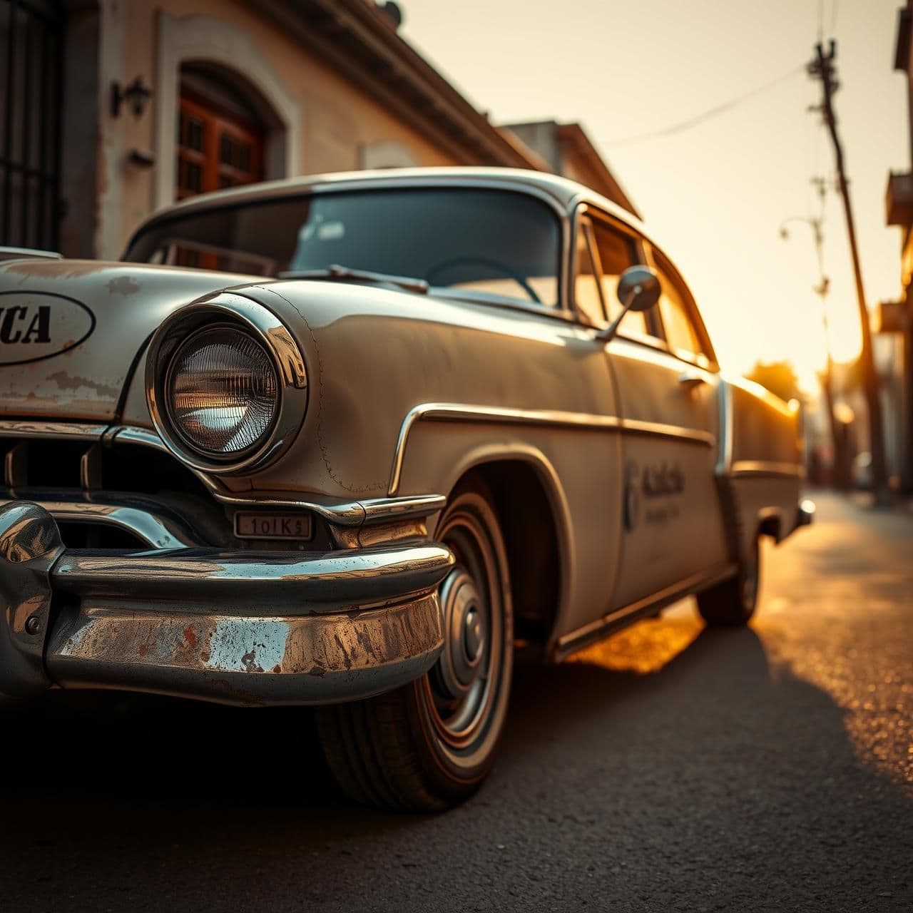 AI generated: “A beautifully aged vintage car parked on a quiet old street, faded paint, light rust texture, chrome details shining softly, nostalgic 1950s vibe, warm golden-hour sunlight, cinem