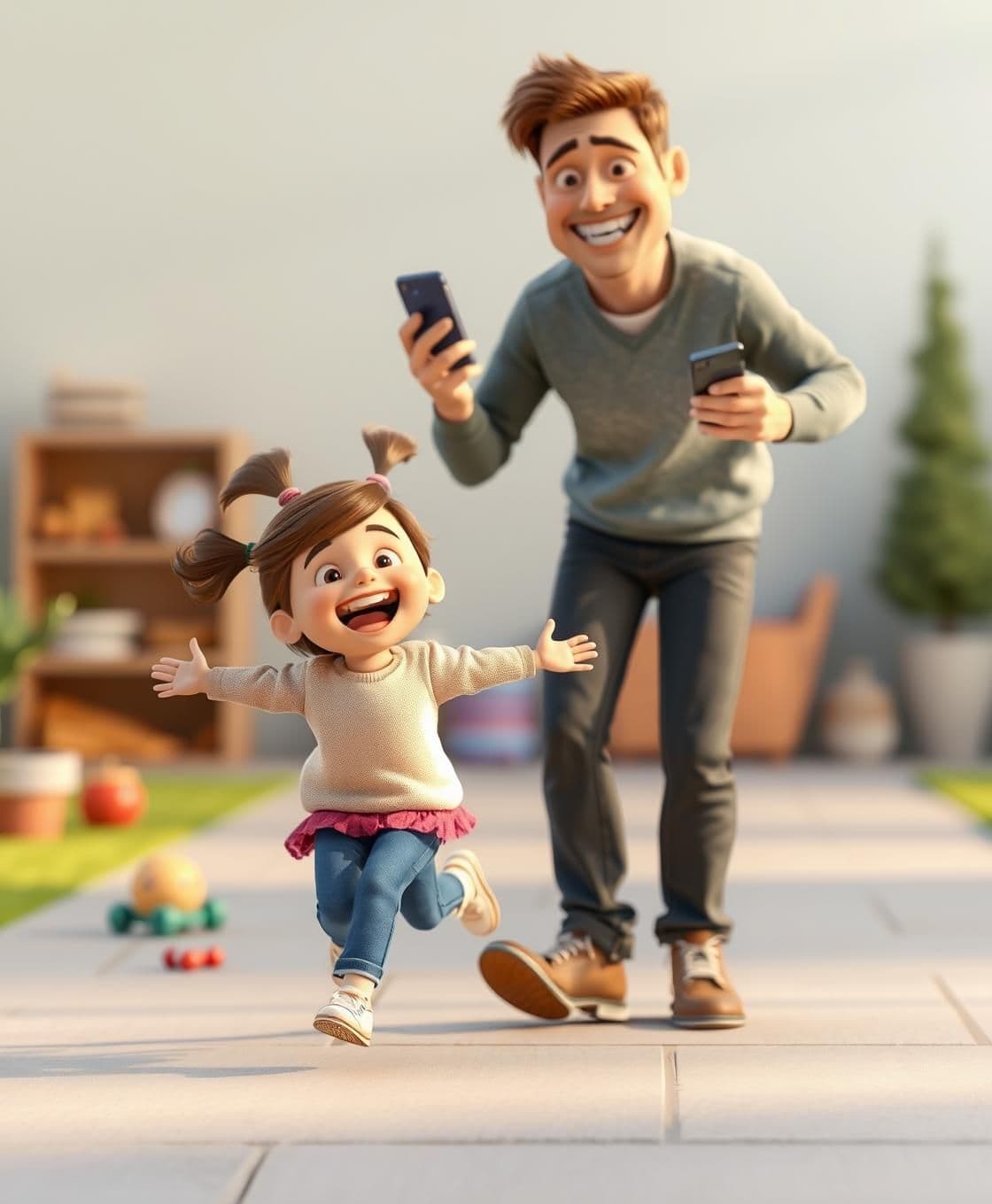 AI generated: Create a 3D-style animated image of a small girl running joyfully toward her father with open arms. The father bends slightly forward with a big smile, ready to lift her, while sti