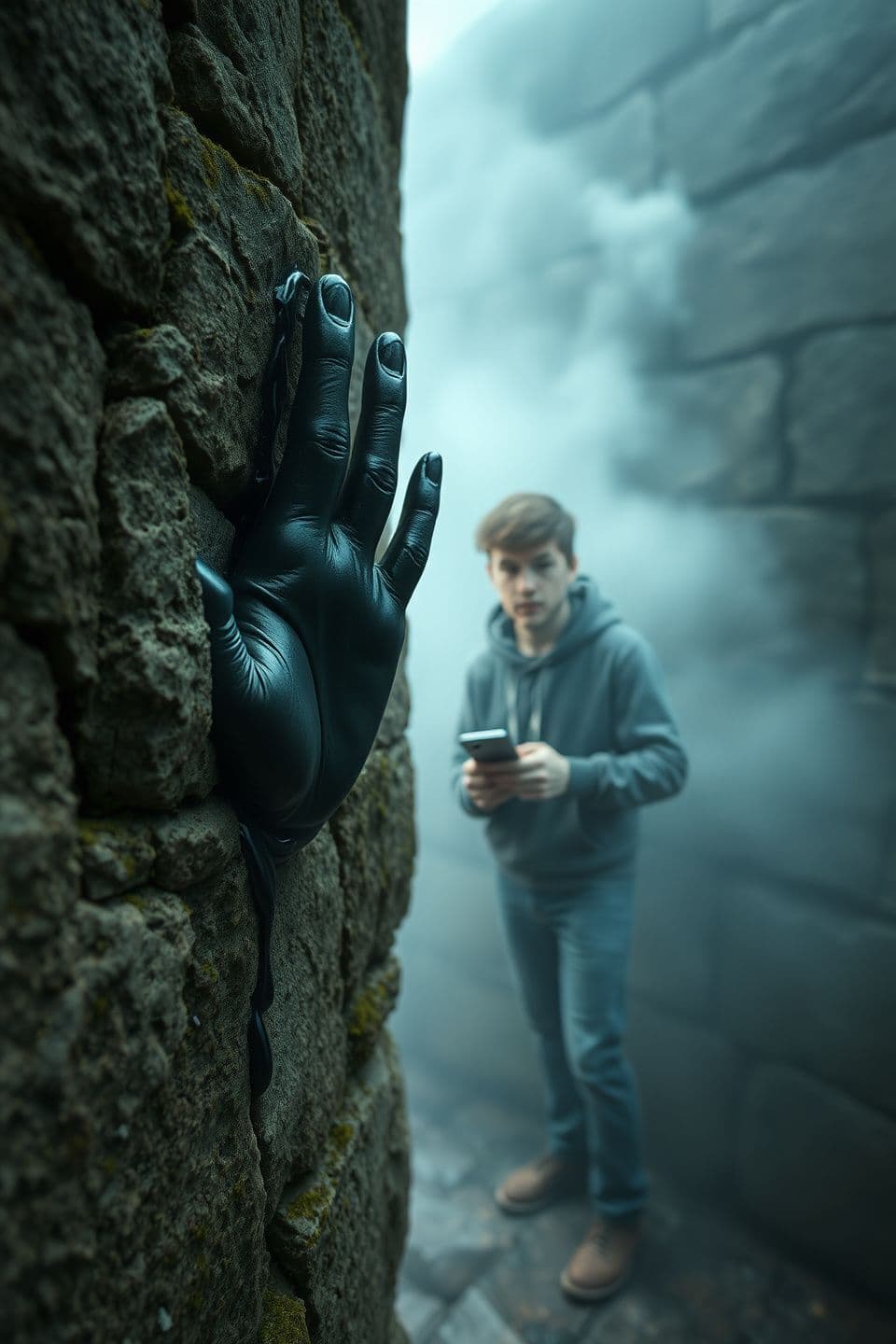 AI generated: Extreme close-up shot focused on ancient Roman wall stones, rough and cracked limestone blocks covered with moss and centuries of erosion, as dark, glossy, wet human handprints pus