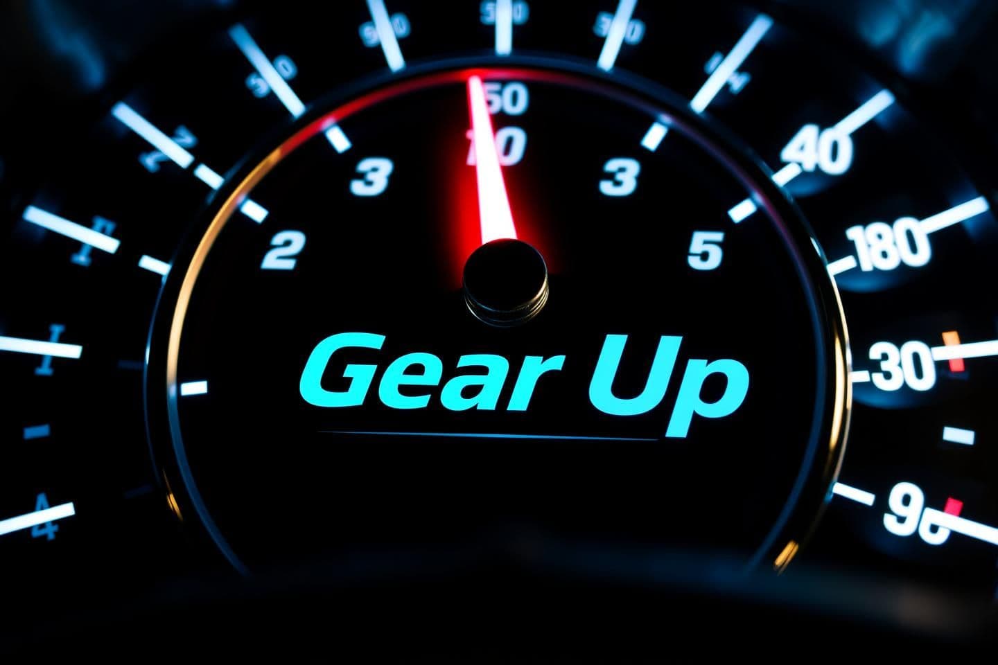 AI generated: A stylized speedometer/tachometer dial set against a dark dashboard-like background. The design features metallic accents and illuminated markings in white and cool blue. A bright